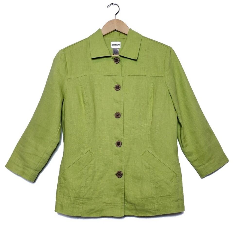 Chico's Green Linen 3/4 Sleeve Jacket Blazer Size S Small